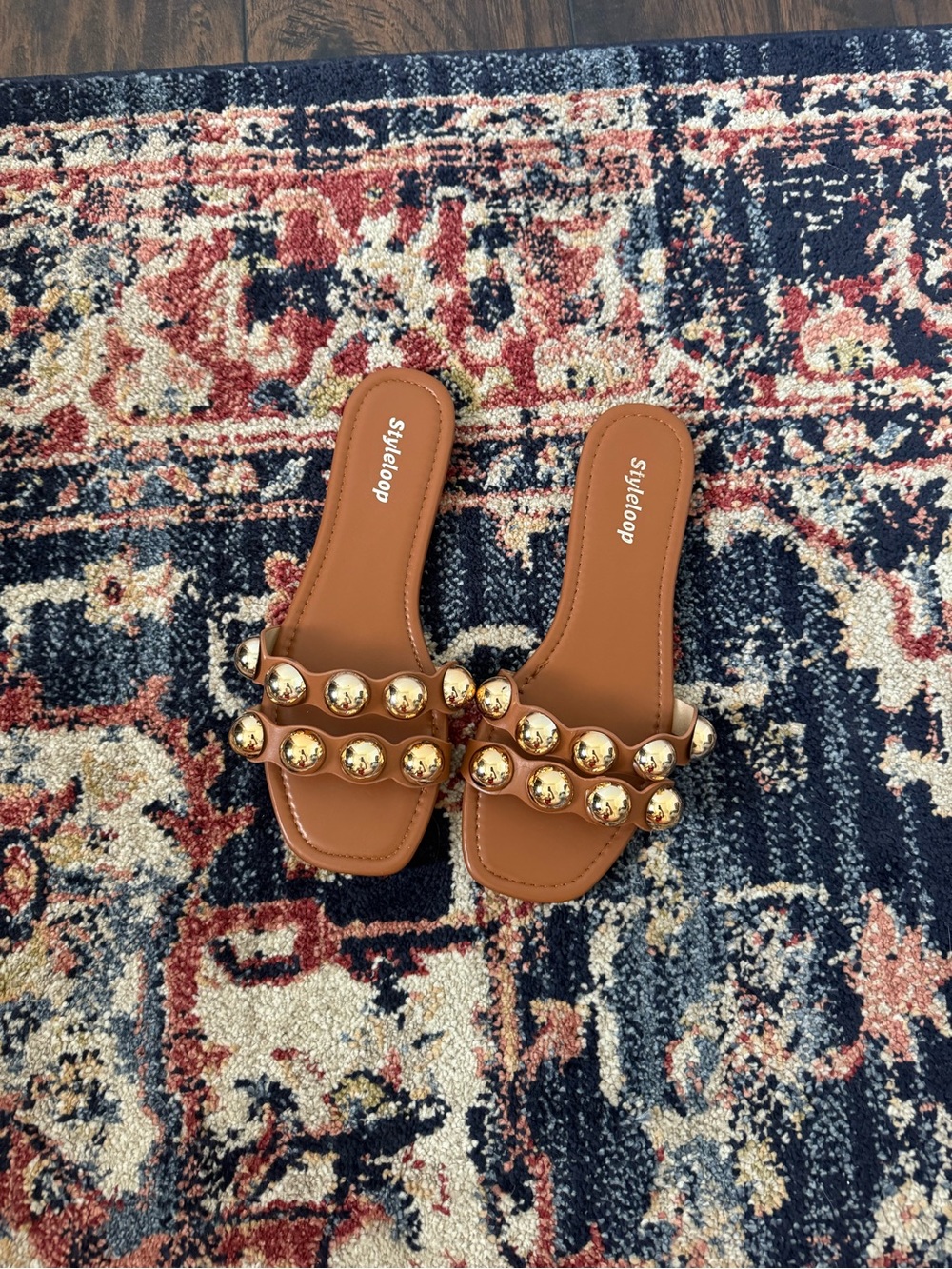 Women's Brown Slide Sandals with Gold Studs